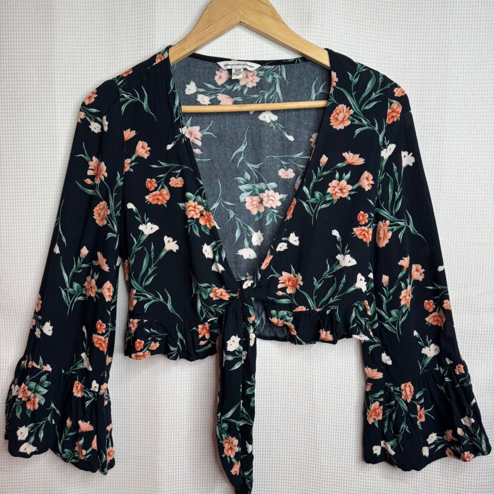 American Eagle Floral Tie Front Crop Top Black Ruffle Bell Sleeve Blouse XS